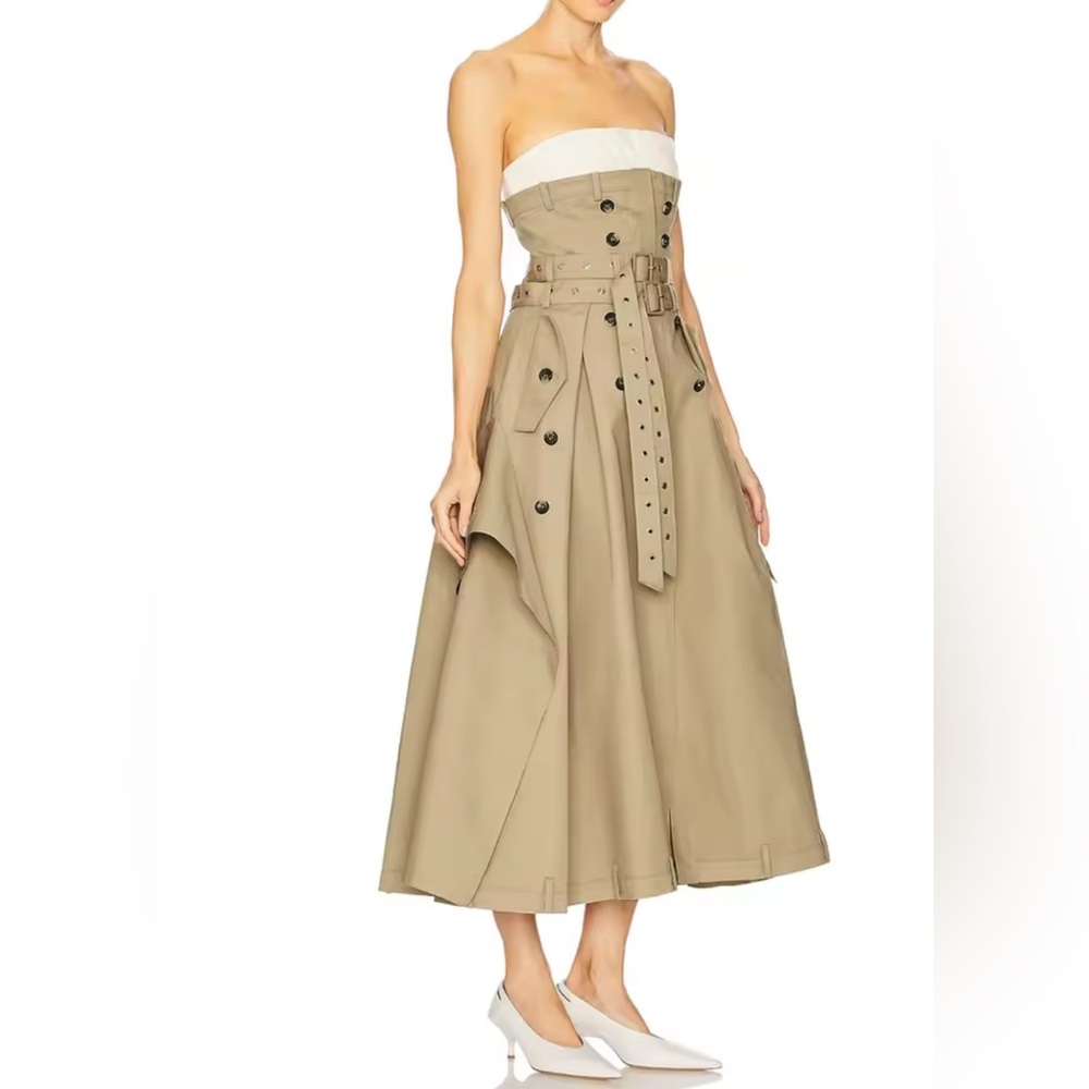 NEW $350 Brit London Strapless Tan Midi Trench Dress with Belt